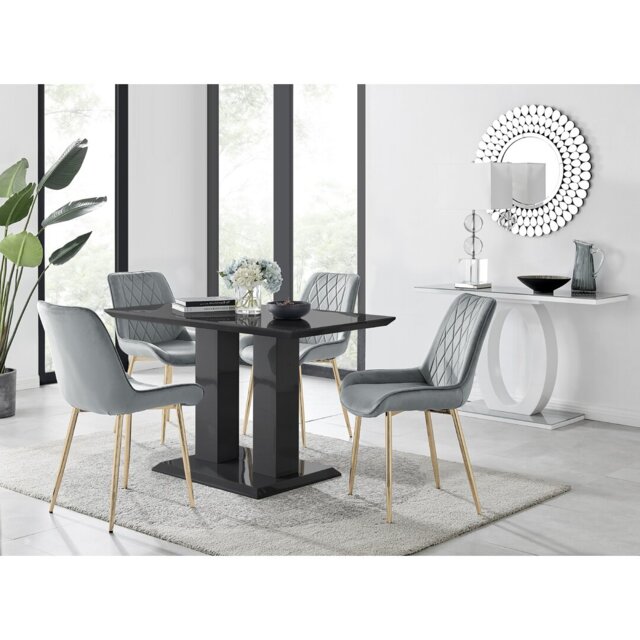 Edzard Double Pedestal High Gloss Dining Table Set with 4 Luxury Velvet Dining Chairs