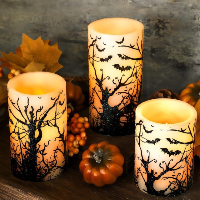 Flameless Candles:Set of 3, Black with Spooky Bats Decal, Flickering Real Wax LED Pillar, Battery-Operated with Remote