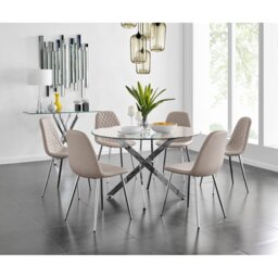 Tierra Modern Chrome Metal & Glass Round Dining Table Set with 6 Luxury Faux Leather Chairs