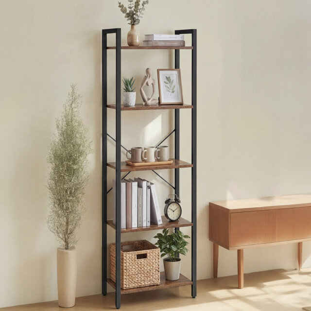 5-Tier Storage Shelf, Freestanding Bookcase for Home Office, Living Room, Industrial, Greige and