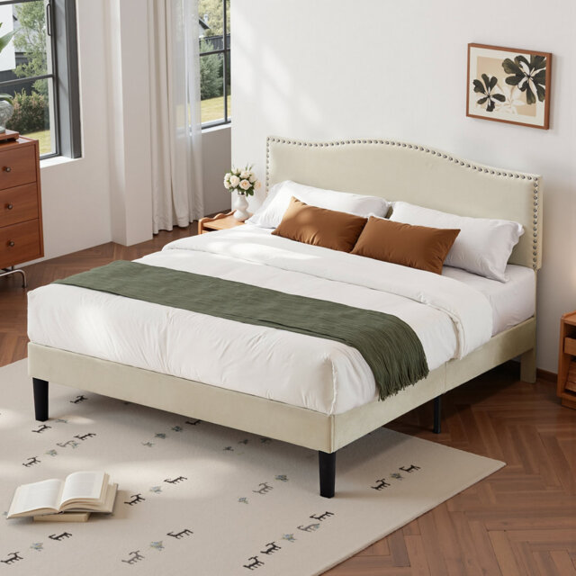 Double Size Upholstered Platform Bed Frame With Nailhead Trim Adjustable Headboard, Wooden Slats Support, Easy to Assembly