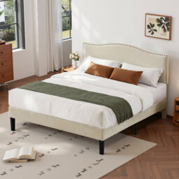 Double Size Upholstered Platform Bed Frame With Nailhead Trim Adjustable Headboard, Wooden Slats Support, Easy to Assembly