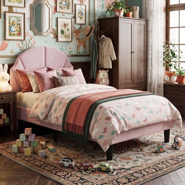 UK & EU Single Velvet Kids Bed Frame with Adjustable Headboard, Soft Upholstered Children's Bed, Pink & Beige, 90x190/200cm
