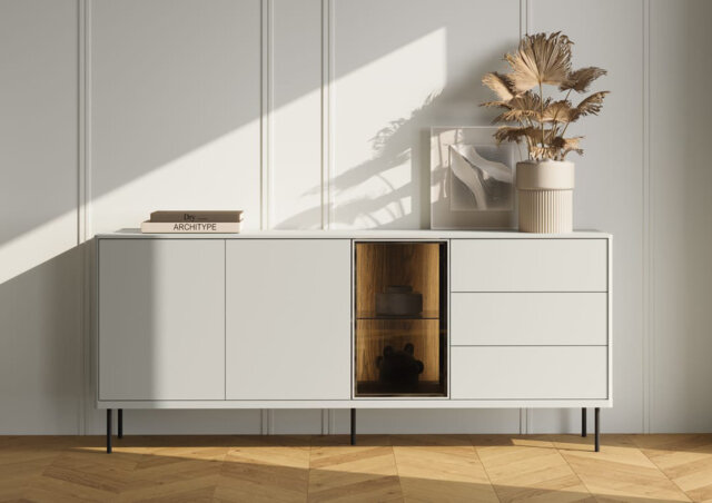 Bhav 5 Display Sideboard Cabinet in Cashmere & Dark Oak - Illuminated Elegance