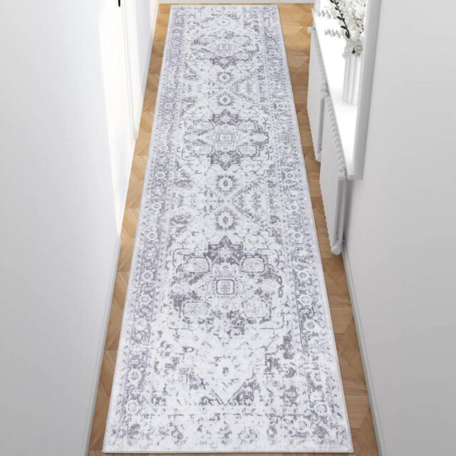 Hallway Runner Non Slip Runner Rugs for Hallway 60 x 300cm Extra Long Washable Vintage Floor Rugs Light Grey
