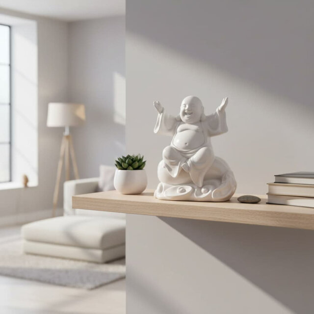 "8.2"" White Ceramic Laughing Buddha Statue - Feng Shui Money Bag Decor for Luck & Prosperity"