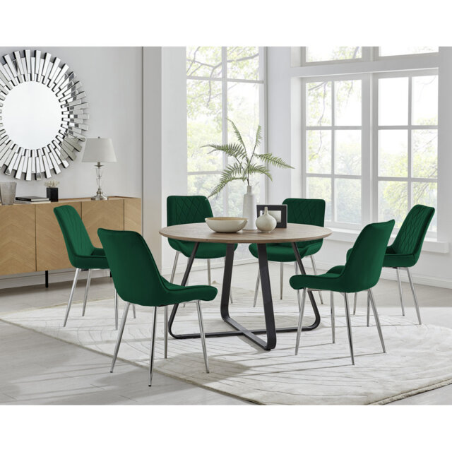 Sandy Classic Wood Effect & Metal Dining Table Set with 6 Luxury Velvet Dining Chairs