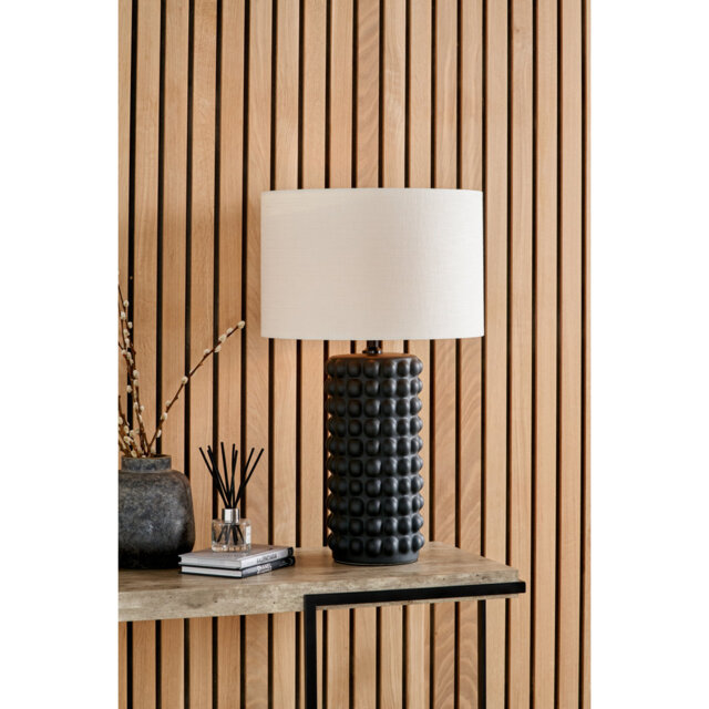 Sohan White Bobbled Ceramic Tall Table Lamp Base with Lino 40cm Black Self Lined Linen Cylinder Lampshade