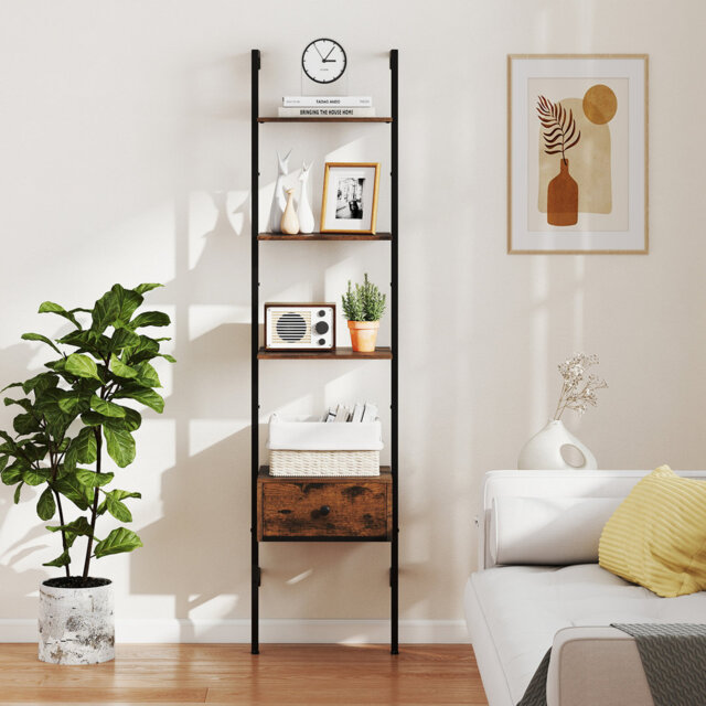 5-Tier Ladder Bookcase 178Cm Tall Wall-Mounted Bookshelf W/Drawer Brown