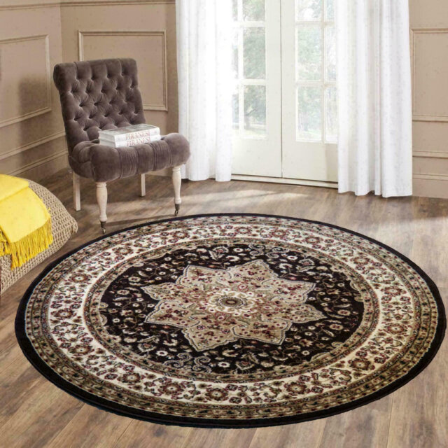 Non Slip Traditional Round Rug 120x120 cm â Turkish Polypropylene Carpet for Living Room, Bedroom & Dining Room