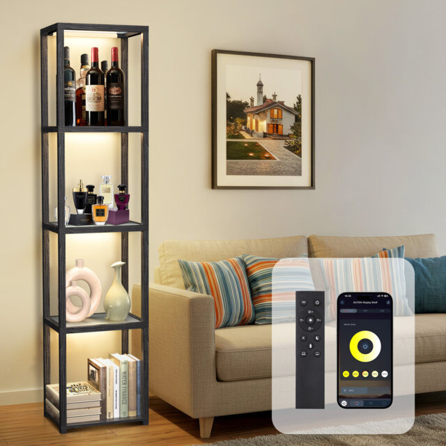 5-Tier LED Display Shelf Floor Lamp with Remote and App Control, 1600 Lumens, Black