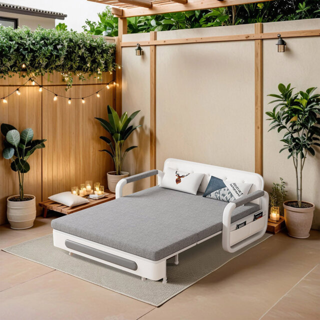 Convertible Sofa Bed with Storage, 3-in-1 Sleeper for Small Spaces, Grey Fabric & White Frame, Includes Latex Mattress Great for Living Rooms & Flats