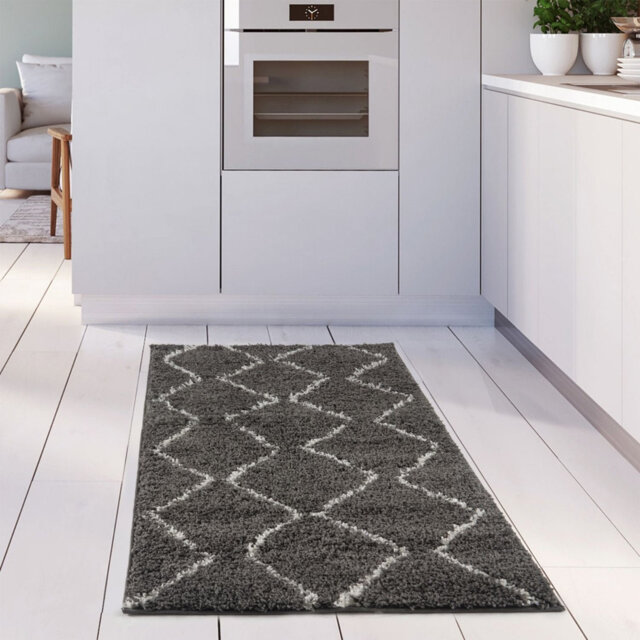 Moroccan Shaggy Collection Rugs Boho Design in Dark Grey/Ivory