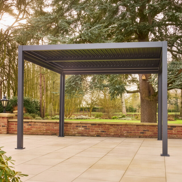 Nexus Grey Aluminium Pergola 3m x 3m with LEDs and 4 Pull Down Screens