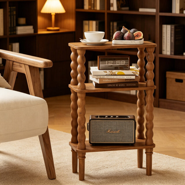 3-Tier Wooden Side Table, Solid Wood Leg Narrow Nightstand with Open Shelf, Space-Saving Accent End Table for Bedroom Living Room, Rustic Brown