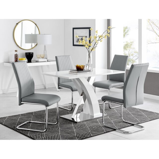Marietta Chrome Metal and White High Gloss Dining Table Set - 4 Luxury Faux Leather Dining Chairs