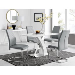 Marietta Chrome Metal and White High Gloss Dining Table Set - 4 Luxury Faux Leather Dining Chairs