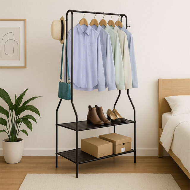 Aravind Clothes Rack Steel Clothing Rail With Two Shelves Hanging Hooks 5ft Height