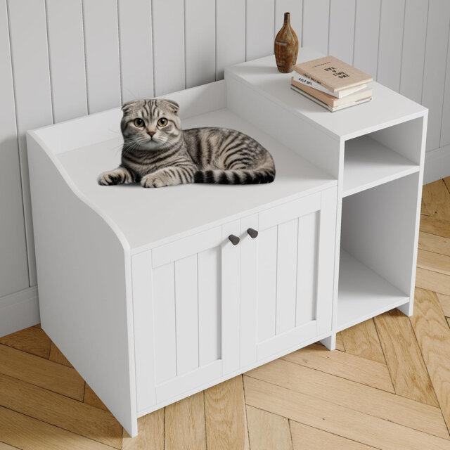 Hidden Cat Litter Box Enclosure Furniture with Storage Shelf & Drawer, Dog Proof Wooden Cat Washroom End Table, Soft Close Door, Vintage
