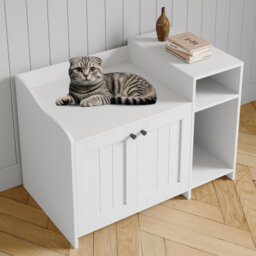 Hidden Cat Litter Box Enclosure Furniture with Storage Shelf & Drawer, Dog Proof Wooden Cat Washroom End Table, Soft Close Door, Vintage