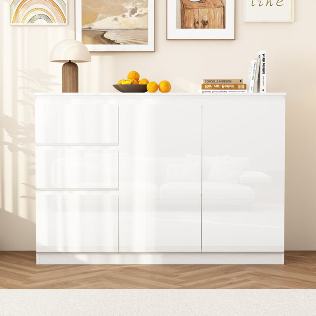 White Sideboard, High Gloss Storage Cabinet With 3 Drawers & 2 Doors, Wooden Kitchen Cupboard With Adjustable Shelves, Buffet Cabinet Organiser For Di