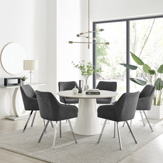 Edzard Statement 6 Person Round Dining Table Set in Luxury Stone Effect - Velvet Dining Chairs