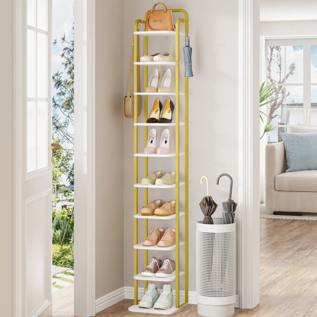 Vertical Shoe Rack, Shoe Shelves, Wood Shoe Organizer for Closet, Entryway, Shoe Tower for Small Spaces, Free Standing, Adjustable, with 2 Hooks