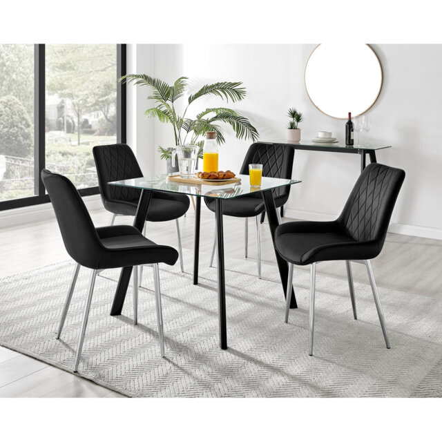 Scandinavian Style Glass and Metal Leg Square Dining Table Set - 4 Modern Velvet Dining Chairs
