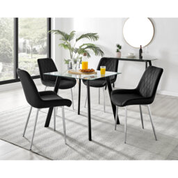 Scandinavian Style Glass and Metal Leg Square Dining Table Set - 4 Modern Velvet Dining Chairs