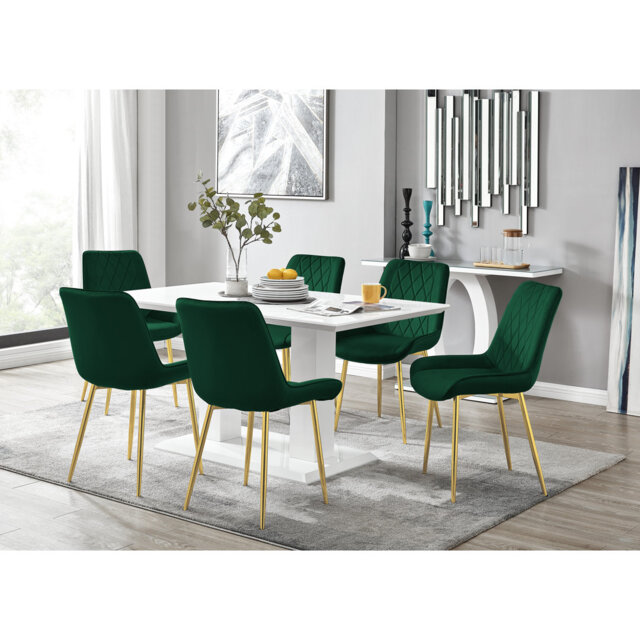 Edzard Double Pedestal High Gloss Dining Table Set with 6 Luxury Velvet Dining Chairs