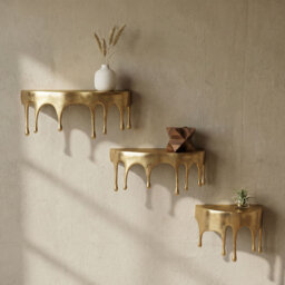 Set of 3 Gold Aluminium Wall Shelves with Drop Design, Handmade Floating Metal Shelves