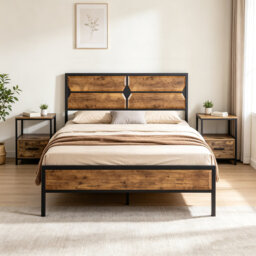 3 Piece Bedroom Set, Industrial Bed Frame with 2 Nightstands Set, Metal Platform Bed with Wood Headboard & Footboard, Farmhouse Bedroom Furniture Set