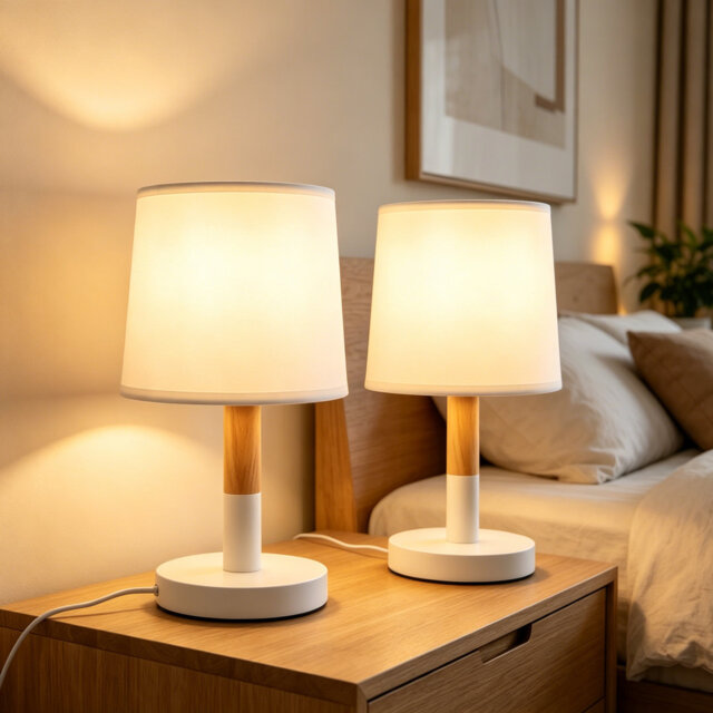 Wood Table Lamps E27 bedside with Fabric Shades