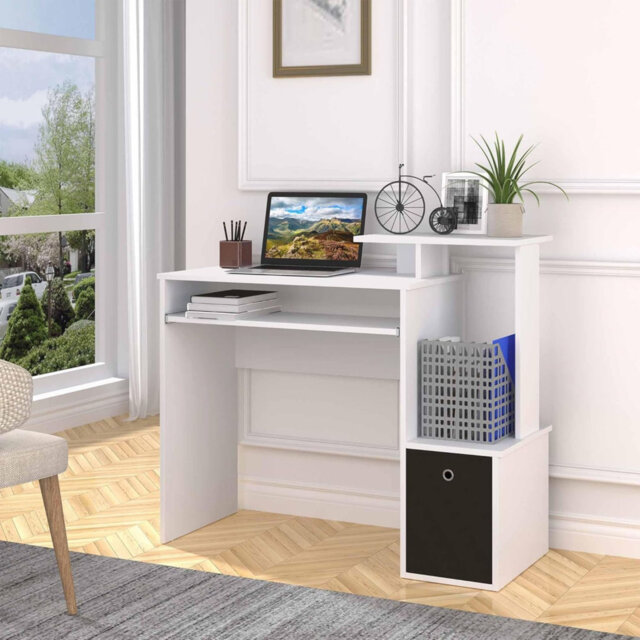 100 x 40 cm Computer Desk with Sliding Keyboard Tray Storage Drawer Shelf Home Office White