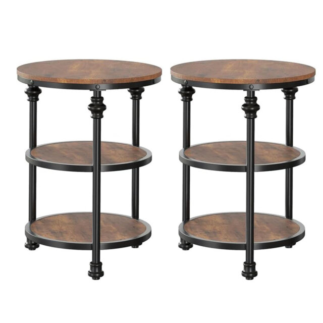 Set of 2 3-Tier Round Coffee Tables â Vintage Industrial Wooden End Side Tables with Metal Frame â Compact Space-Saving Accent Furniture for Livin