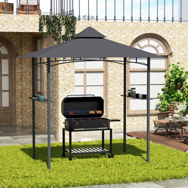 Grey Double-Tier BBQ Gazebo with Steel Frame, Side Shelves and Built-In Bottle Opener, 2.5M Outdoor Grill Shelter for Patio and Deck Use