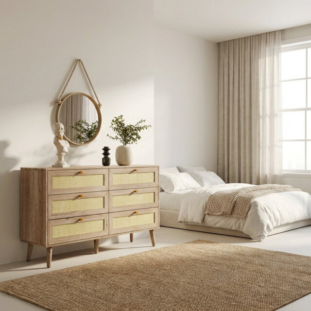 Annela Oak & Rattan 6 Drawer Chest Of Drawers