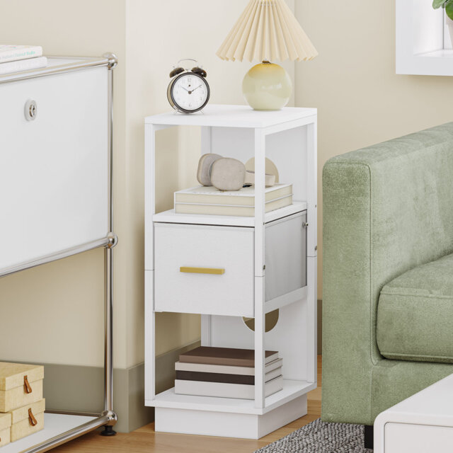 Slim Bedside Tables Set of 2, Side End Table with 1 Fabric Drawer, Metal Frame Bedside Cabinet with Open Compartment, Narrow Nightstand for Bedroom, L