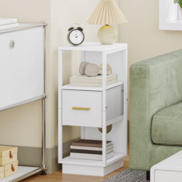 Slim Bedside Tables Set of 2, Side End Table with 1 Fabric Drawer, Metal Frame Bedside Cabinet with Open Compartment, Narrow Nightstand for Bedroom, L