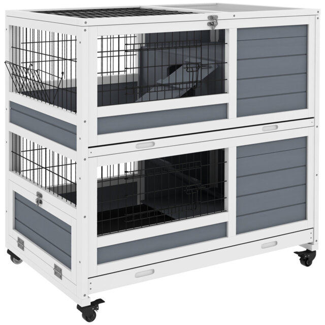 Rabbit Hutch Indoor Wooden House with Wheels No-Leak Trays Grey