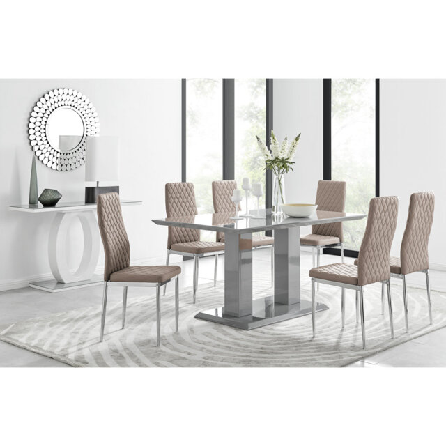 Edzard Double Pedestal High Gloss Dining Table Set with 6 Luxury Faux Leather Dining Chairs