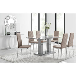 Edzard Double Pedestal High Gloss Dining Table Set with 6 Luxury Faux Leather Dining Chairs
