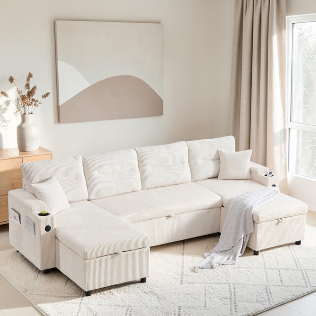 Corduroy 4-seater Sofa, Cup Holders, USB Ports, Pull-out Bed