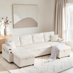 Corduroy 4-seater Sofa, Cup Holders, USB Ports, Pull-out Bed