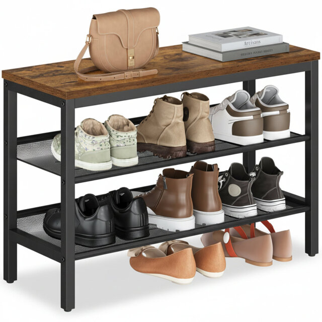 3 Tier Shoe Rack Bench, One Piece Shelves, Shoe Storage Organiser With Raised Edges, Industrial Style, Easy Assembly