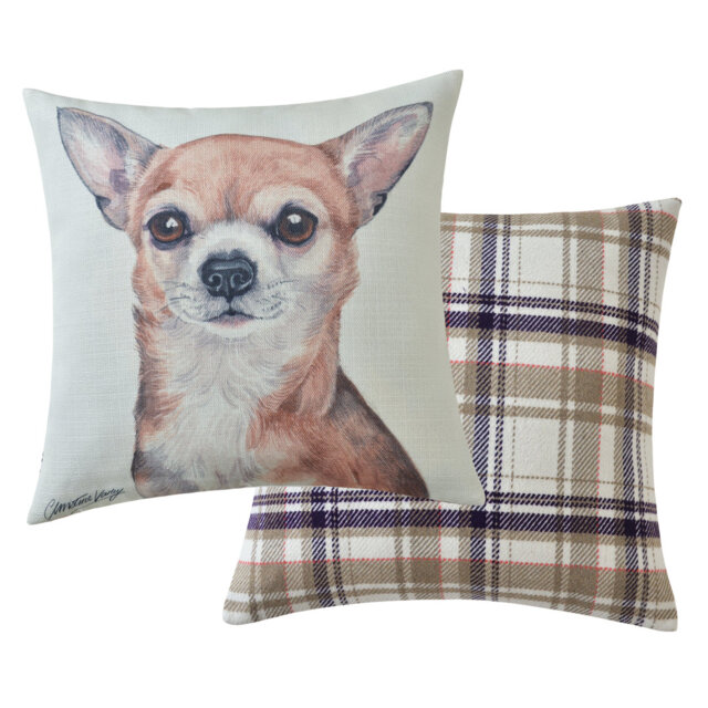 Chihuahua Cushion Watercolour And Check Print. 43 X 43Cm