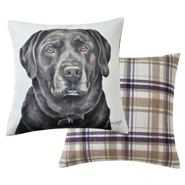 Chocolate Labrador Cushion Watercolour And Check Print. 43 X 43Cm