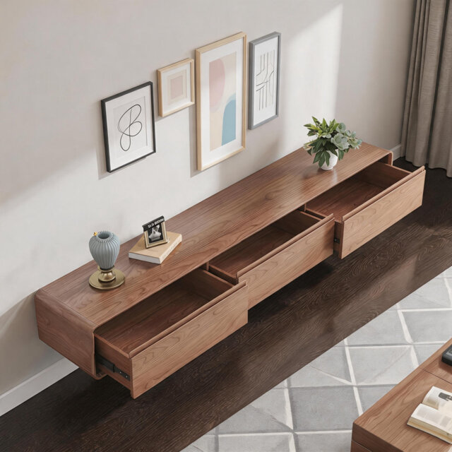 Floating Tv Unit With 3 Drawers, Modern Walnut Finish Wall Mounted Tv Stand, 200cm Large Storage Media Console Entertainment Centre, Holds Up To 90 In