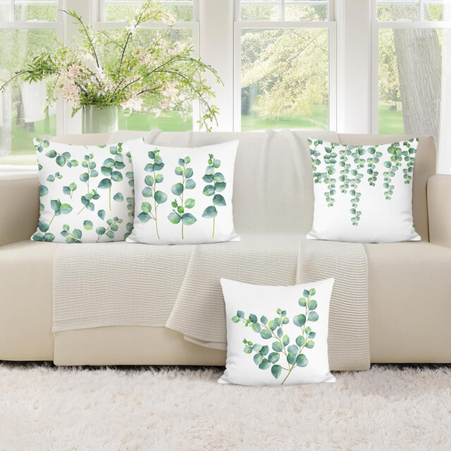 Spring Leaves Cushion Covers 45 X 45 Cm Green Plants Eucalyptus Decorative Throw Pillow Covers For Sofa Bed Patio Home Garden Decor Set Of 4