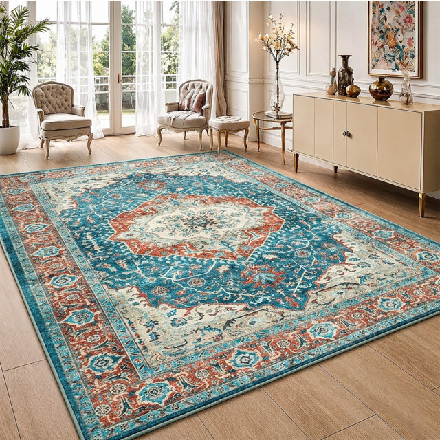 Soft Cashmere Feel Area Rug – Non Slip Low Pile Living Room & Bedroom Carpet, Machine Washable